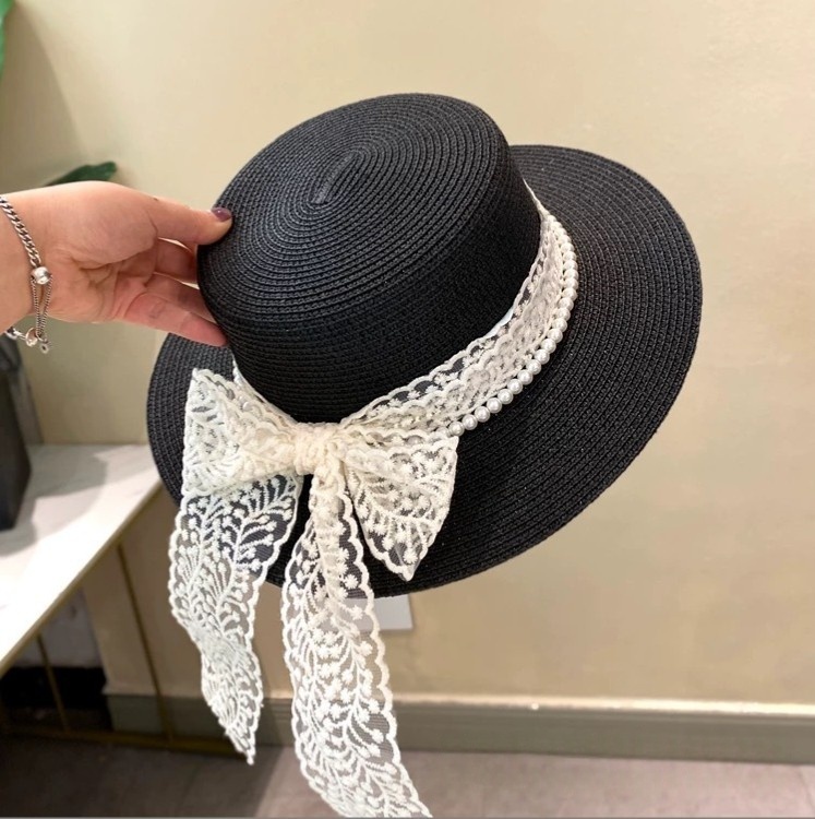Womens Wide Brim Straw Sun Hat with Lace Bow and Pearl Band